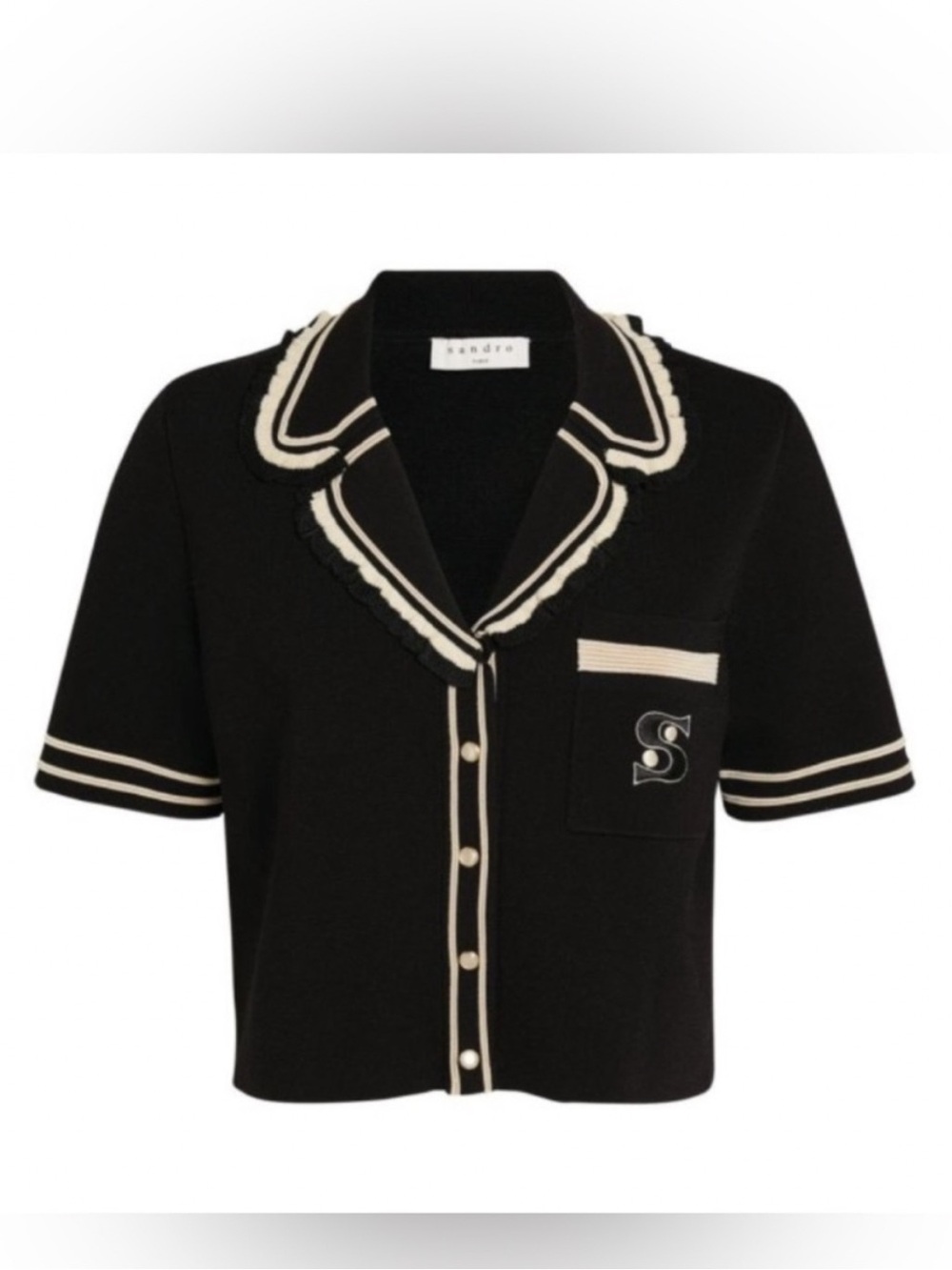 Sandro Fabie Cadigan Black Short-Sleeve Button-Front Top with Cream Trim Size 1